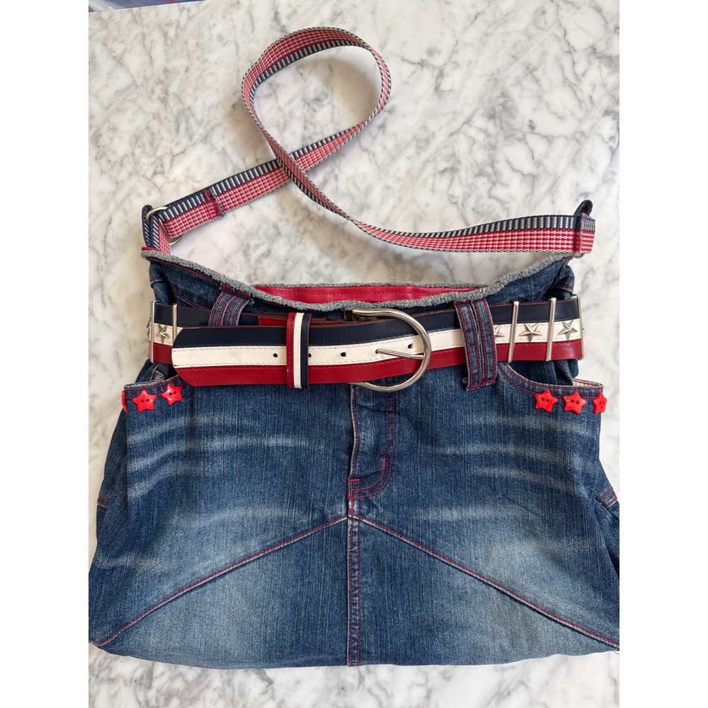 Lazer Jeans Denim Hobo Bag Patriotic Star Belted Upcycled Americana Y2K Blue Red